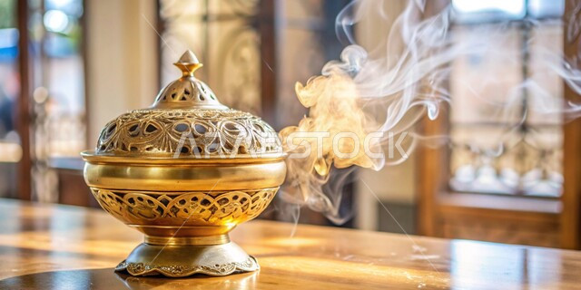 مبخرة تقليدية مزخرفة ,منتج محلي وطني سعودي, التعطر والتطيب باطيب الروائح والعطور، أصالة العادات والتقاليد في المملكة العربية السعودية، خشب العود الفاخر والفحم، منظر الدخان المنتشر من البخور
