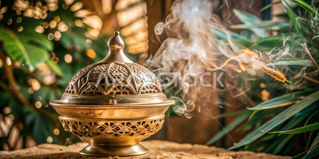 Saudi national local product, perfuming and scenting with the best scents and perfumes, the authenticity of customs and traditions in the Kingdom of Saudi Arabia, luxurious oud wood and charcoal, the view of the smoke spreading from incense, a traditional incense burner decorated among the leaves of green plants