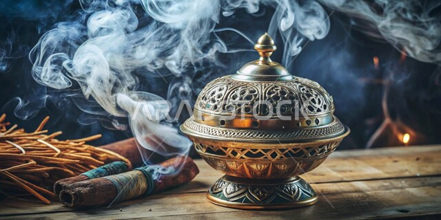 التعطر والتطيب باطيب الروائح والعطور، أصالة العادات والتقاليد في المملكة العربية السعودية، خشب العود الفاخر والفحم، منتج محلي وطني سعودي, منظر الدخان المنتشر من البخور، مبخرة تقليدية مزخرفة على قاعدة خشبية