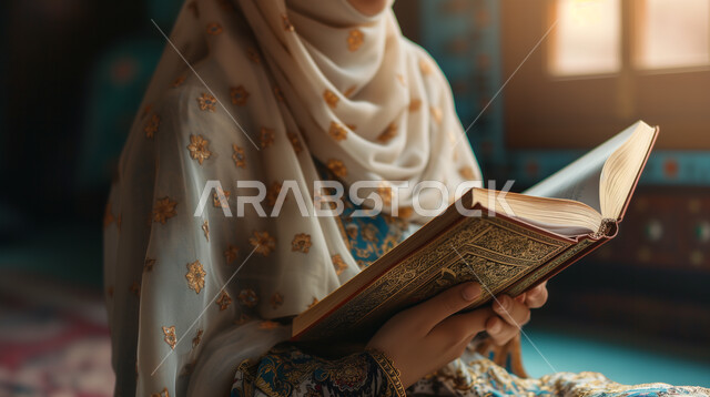 التقرب إلى الله تعالى بتلاوة المصحف الشريف, التعبد وأداء الفرائض والعبادات في الدين الإسلامي، مفهوم التسبيح والتهليل، الهداية بنور القرآن الكريم, حفظ و تفسير كلام الله عز وجل، صورة مقربة لفتاة عربية خليجية سعودية محجبة تتلو كتاب الله
