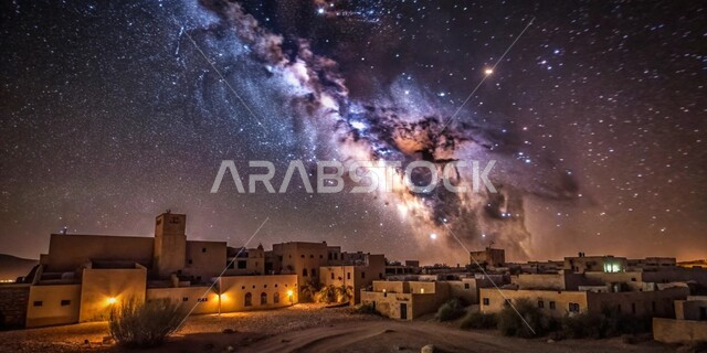 مشهد لمجرة درب التبانة والظواهر الطبيعية فوق قرية في الصحراء ليلا، منظر السماء المضاءة بالنجوم اللامعة والأجرام الكونية، البيوت المصنوعة من الطوب والحجارة على الطراز التقليدي القديم