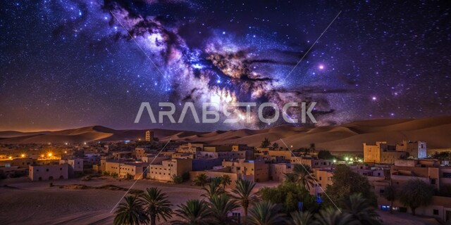 منظر السماء المضاءة بالنجوم اللامعة والأجرام الكونية، مشهد لمجرة درب التبانة والظواهر الطبيعية فوق قرية في الصحراء ليلا، البيوت المصنوعة من الطوب والحجارة على الطراز التقليدي القديم 