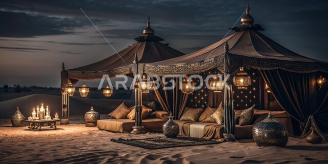 خيام شعبية تقليدية مزينة ومضيئة وقت الليل ,أجواء وجلسات هادئة على الرمال الذهبية الناعمة, المغامرات والكشتات البرية، أجواء التخييم الشبابية الممتعه، مخيمات سياحية في صحاري المملكة العربية السعودية