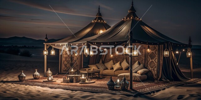أجواء وجلسات هادئة على الرمال الذهبية الناعمة, المغامرات والكشتات البرية، أجواء التخييم الشبابية الممتعه، مخيمات سياحية في صحاري المملكة العربية السعودية, خيام شعبية تقليدية مزينة ومضيئة وقت الليل