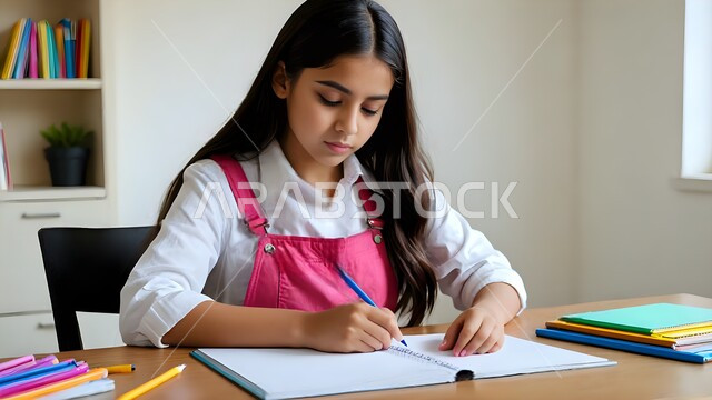 التسلية والترفيه وقضاء الوقت الممتع, صورة مقربة لفتاة عربية خليجية سعودية ترتدي الزي الكجوال تقوم بالرسم والتلوين بإيماءات الاندماج والتركيز, تنمية المهارات الفنية للأطفال