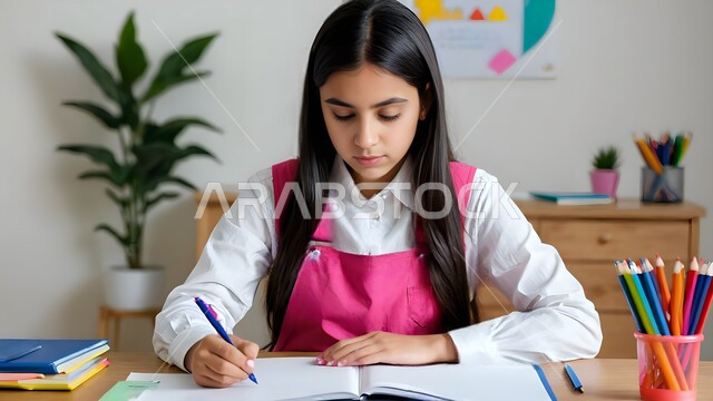 تنمية المهارات الفنية للأطفال, التسلية والترفيه وقضاء الوقت الممتع, صورة مقربة لفتاة عربية خليجية سعودية ترتدي الزي الكجوال تقوم بالرسم والتلوين بإيماءات الاندماج والتركيز