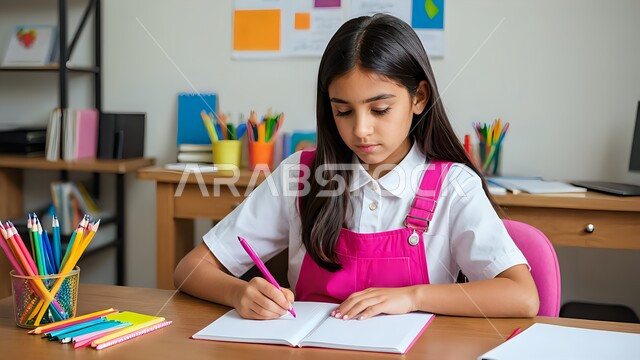 تنمية المهارات الفنية للأطفال, التسلية والترفيه وقضاء الوقت الممتع, صورة مقربة لفتاة عربية خليجية سعودية ترتدي الزي الكجوال تقوم بالرسم والتلوين بإيماءات الاندماج والتركيز