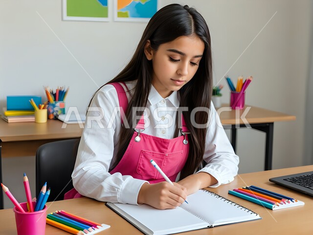 قضاء الوقت الممتع بالأنشطة الترفيهية المفيدة, صورة مقربة لفتاة عربية خليجية سعودية ترتدي الزي الكجوال تقوم بالرسم والتلوين بإيماءات الاندماج والتركيز, تنمية المهارات الفنية للأطفال