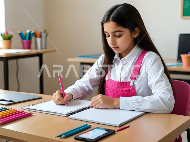 التسلية والترفيه وقضاء الوقت الممتع, صورة مقربة لفتاة عربية خليجية سعودية ترتدي الزي الكجوال تقوم بالرسم والتلوين بإيماءات الاندماج والتركيز, تنمية المهارات الفنية للأطفال