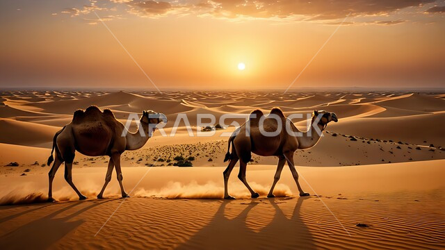 تربية الابل في المحميات الطبيعية في السعودية, المناطق الصحراوية والبادية أثناء شروق الشمس, الاهتمام برعاية المواشي والثدييات, توارث حب وتربية النوق العربية الأصيلة من الأجداد, التلال والكثبان الرملية, مجموعة من الجمال تسير على الرمال الذهبية الناعمة في صحراء