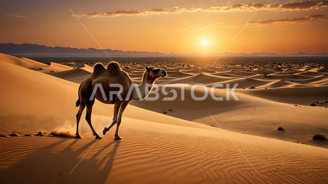 المناطق الصحراوية والبادية أثناء الشروق, الاهتمام برعاية المواشي والثدييات, توارث حب وتربية النوق العربية الأصيلة من الأجداد, التلال والكثبان الرملية, حيوان الجمل يسير على الرمال الذهبية الناعمة في صحراء المملكة, تربية الابل في المحميات الطبيعية في السعودية