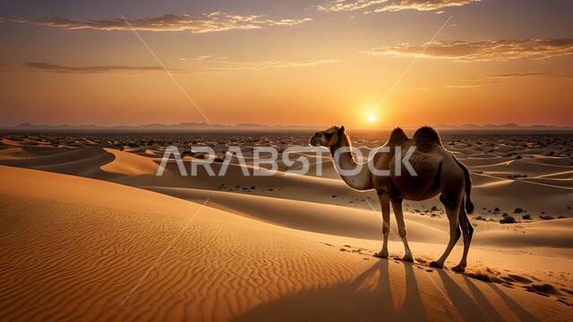 حيوان الجمل يسير على الرمال الذهبية الناعمة في صحراء المملكة, تربية الابل في المحميات الطبيعية في السعودية, المناطق الصحراوية والبادية أثناء الشروق, الاهتمام برعاية المواشي والثدييات, توارث حب وتربية النوق العربية الأصيلة من الأجداد, التلال والكثبان الرملية