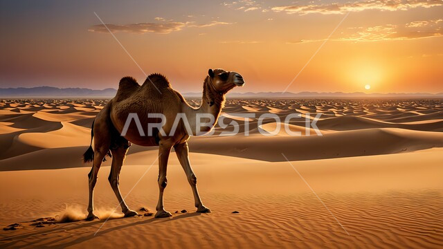 المناطق الصحراوية والبادية أثناء الشروق, الاهتمام برعاية المواشي والثدييات, توارث حب وتربية النوق العربية الأصيلة من الأجداد, التلال والكثبان الرملية, حيوان الجمل يسير على الرمال الذهبية الناعمة في صحراء المملكة, تربية الابل في المحميات الطبيعية في السعودية