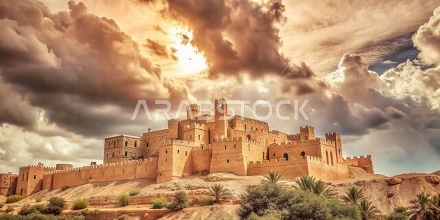 المرتفعات والقمم والطبيعة الجبلية في المملكة العربية السعودية, الفن الهندسي المعماري لبناء الحصون والقلاع على الطراز القديم، الأبنية الحجرية التراثية، قلعة قديمة وقت غروب الشمس، خلفية السماء المليئة بالغيوم البيضاء