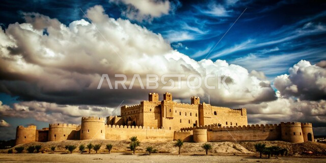 الفن الهندسي المعماري لبناء الحصون والقلاع على الطراز القديم، الأبنية الحجرية التراثية، قلعة قديمة في وقت النهار في المملكة العربية السعودية، خلفية السماء المليئة بالغيوم البيضاء