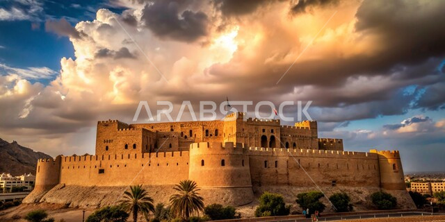  قلعة قديمة وقت غروب الشمس، المرتفعات والقمم والطبيعة الجبلية في المملكة العربية السعودية, الفن الهندسي المعماري لبناء الحصون والقلاع على الطراز القديم، الأبنية الحجرية التراثية، خلفية السماء المليئة بالغيوم البيضاء