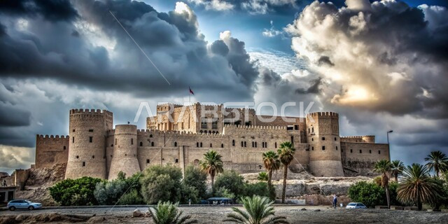 الأبنية الحجرية التراثية، قلعة قديمة في وقت النهار، المرتفعات والقمم والطبيعة الجبلية في المملكة العربية السعودية, الفن الهندسي المعماري لبناء الحصون والقلاع على الطراز القديم، خلفية السماء المليئة بالغيوم البيضاء