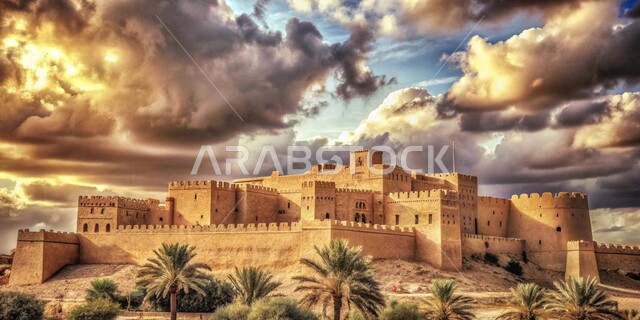 الفن الهندسي المعماري لبناء الحصون والقلاع على الطراز القديم، الأبنية الحجرية التراثية، قلعة قديمة وقت غروب الشمس، المرتفعات والقمم والطبيعة الجبلية في المملكة العربية السعودية, خلفية السماء المليئة بالغيوم البيضاء