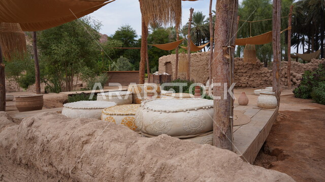 Enjoy the sessions and the calm atmosphere in nature, green trees and plants in one of the farms of Al-Ula Governorate, historical and archaeological sites in the Kingdom of Saudi Arabia, mountain peaks and heights, nature reserves during the day, recreational trip areas and spending a fun time