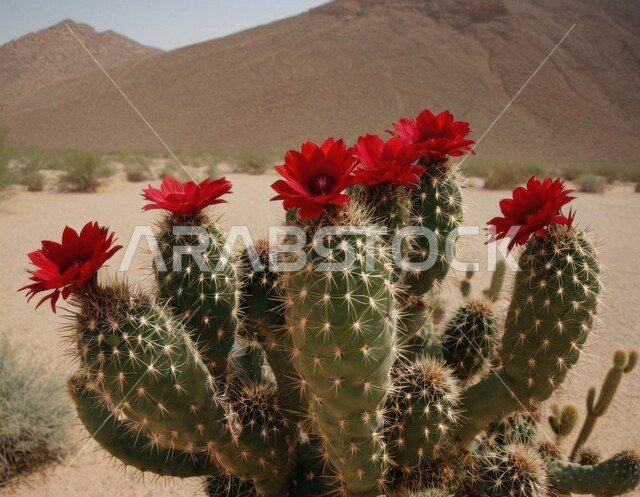 مجموعة من نبات الصبار الشوكي في المناطق الصحراوية، نمو أزهار وبراعم الشوكيات والأعشاب في براري المملكة العربية السعودية، تشكل التلال والكثبان الرملية في الصحراء الواسعة، النباتات والاعشاب البرية في المحميات الطبيعية