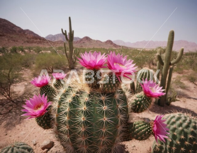 A group of prickly cactus plants in desert areas, the growth of prickly flowers and buds and herbs in the prairies of the Kingdom of Saudi Arabia, forming hills and sand dunes in the vast desert, wild plants and herbs in nature reserves