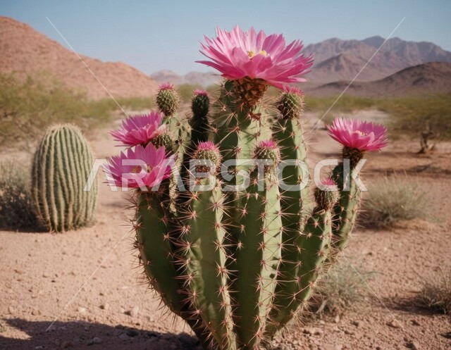 مجموعة من نبات الصبار الشوكي في المناطق الصحراوية، نمو أزهار وبراعم الشوكيات والأعشاب في براري المملكة العربية السعودية، تشكل التلال والكثبان الرملية في الصحراء الواسعة، النباتات والاعشاب البرية في المحميات الطبيعية