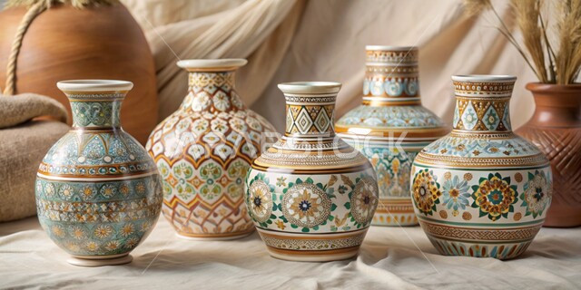 Pottery products made of clay, a store selling pottery in a traditional popular market in the Kingdom of Saudi Arabia, ancient traditional folk crafts and handicrafts, buying souvenirs and colorful and decorated pottery