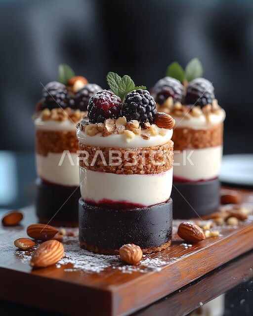 حلويات بطبقات من الكريمة الغنية المزينة بقطع التوت البري، قطع شهية من البارفيه بالمكسرات والعسل، أطباق حلا ذات سكريات وسعرات حرارية عالية، قطع الحلوى الباردة اللذيذة، فنون التقديم في المطاعم والمقاهي السعودية