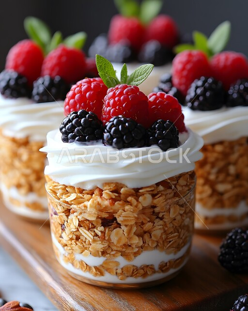 حلويات بطبقات من الكريمة الغنية المزينة بقطع التوت البري، قطع شهية من البارفيه بالمكسرات والعسل، أطباق حلا ذات سكريات وسعرات حرارية عالية، قطع الحلوى الباردة اللذيذة، فنون التقديم في المطاعم والمقاهي السعودية