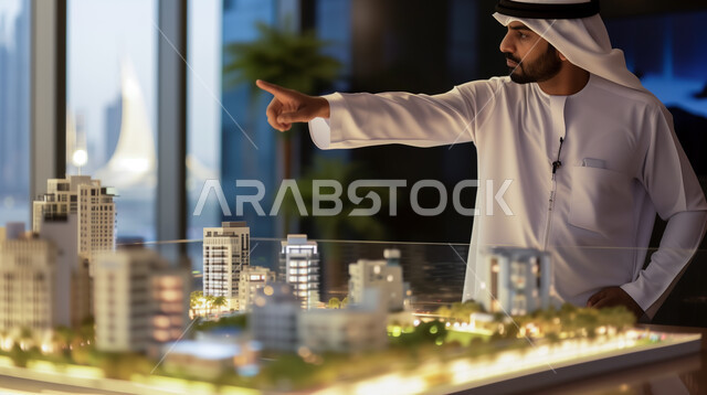مجسمات مصغرة للأبراج في الأحياء والمدن المستقبلية، رجل أعمال عربي خليجي إماراتي يرتدي الكندورة والغترة يقوم بالإشراف على التصاميم والأشكال الجديدة للمشاريع الهندسية، التقدم التقني والتكنولوجي بمجال التصميم الهندسي المعماري، تمثيل المخططات الإنشائية قبل تنفيذها
