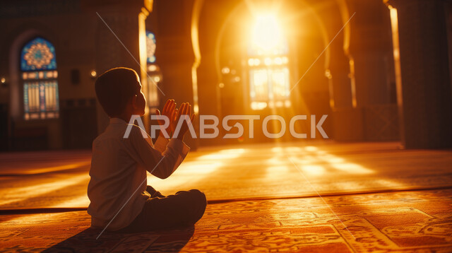 التضرع والدعاء والتقرب إلى الله تعالى, التعبد وأداء الفرائض والعبادات في الدين الإسلامي، الهداية بنور الصلاة والطاعات، ولد عربي خليجي سعودي يرتدي الثوب التقليدي يجلس ويرفع يديه ويدعو الله، الاعتكاف في المساجد ودور العبادة في جو روحاني دافئ