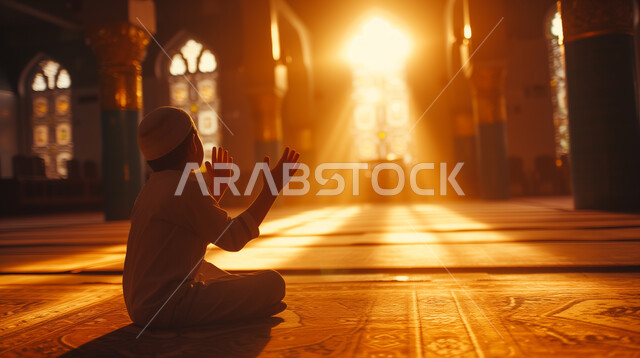 التضرع والدعاء والتقرب إلى الله تعالى, التعبد وأداء الفرائض والعبادات في الدين الإسلامي، الهداية بنور الصلاة والطاعات، ولد عربي خليجي سعودي يرتدي الثوب التقليدي يجلس ويرفع يديه ويدعو الله، الاعتكاف في المساجد ودور العبادة في جو روحاني دافئ