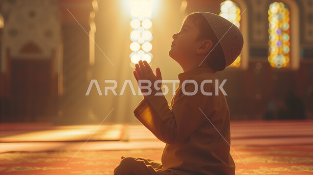 التضرع والدعاء والتقرب إلى الله تعالى, التعبد وأداء الفرائض والعبادات في الدين الإسلامي، الهداية بنور الصلاة والطاعات، ولد عربي خليجي سعودي يرتدي الثوب التقليدي يجلس ويرفع يديه ويدعو الله، الاعتكاف في المساجد ودور العبادة في جو روحاني دافئ