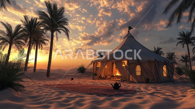 Traditional tent on the soft golden sands of the desert, quiet popular sessions, tourist camps in the deserts of the Kingdom of Saudi Arabia at sunset, winter atmosphere and camping in desert areas, youth adventure areas and fun safari trips