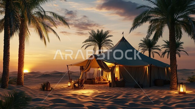 Traditional tent on the soft golden sands of the desert, quiet popular sessions, tourist camps in the deserts of the Kingdom of Saudi Arabia at sunset, winter atmosphere and camping in desert areas, youth adventure areas and fun safari trips