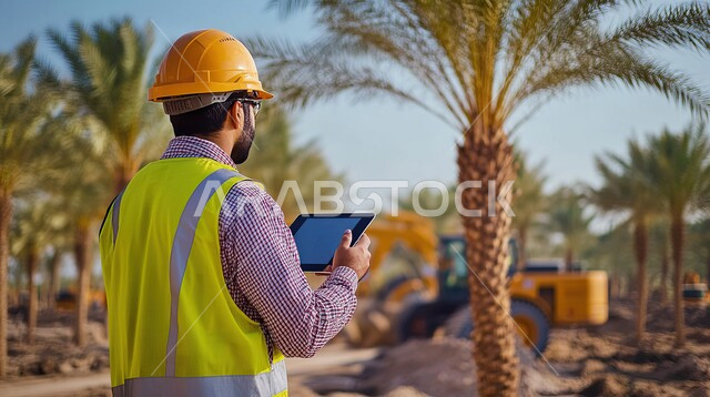 تطور وتنمية السعودية على يد أبناء الوطن, الإشراف على سير الأعمال الهندسية بشكل مباشر, متابعة المخططات الانشائية المعمارية عبر التابليت, صورة من الخلف لمهندس معماري عربي خليجي سعودي يرتدي الخوذة وسترة الحماية يقف في موقع العمل 