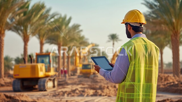 تطور وتنمية السعودية على يد أبناء الوطن, الإشراف على سير الأعمال الهندسية بشكل مباشر, متابعة المخططات الانشائية المعمارية عبر التابليت, صورة من الخلف لمهندس معماري عربي خليجي سعودي يرتدي الخوذة وسترة الحماية يقف في موقع العمل 