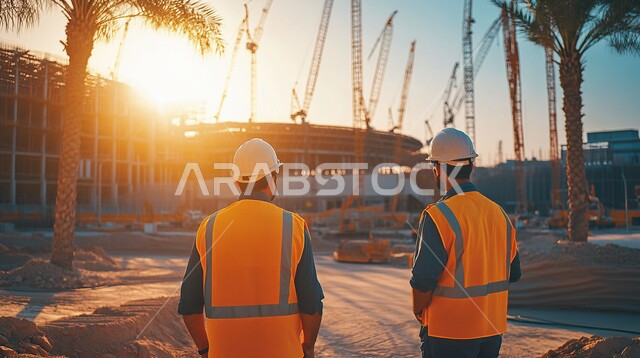 Direct supervision of engineering work, development and growth of Saudi Arabia by the sons of the homeland, follow-up of architectural construction plans, a picture from the back of two Saudi Gulf Arab architects wearing helmets and protective vests standing at the work site, youth professions and jobs