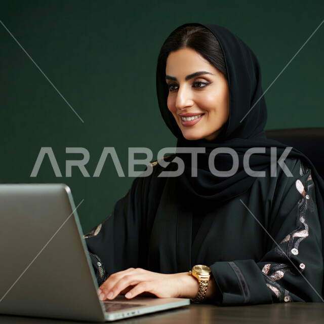 Concept of completing projects and tasks, using modern technical devices, managing and organizing business affairs, close-up portrait of a veiled Saudi Arabian Gulf woman wearing an abaya sitting on a comfortable chair working on a laptop, administrative professions and jobs, remote work, green background