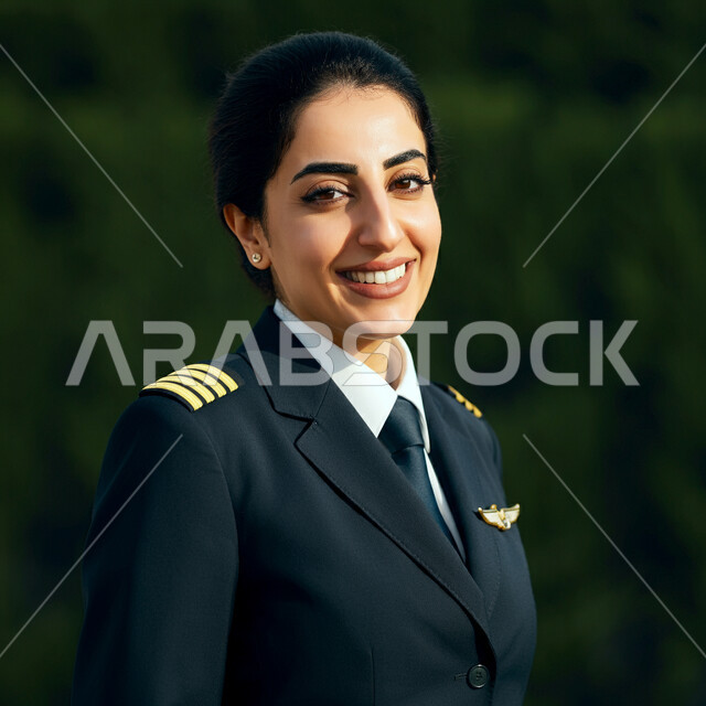 طاقم الطائرة والاستقبال والترحيب بالركاب، صورة مقربة لسيدة عربية سعودية خليجية مبتسمة ترتدي زي مضيفات الطيران تنظر الى الكاميرا بتعابير البشاشة والسرور، الخطوط الجوية السعودية، تقديم الخدمات للمسافرين، خلفية المطار