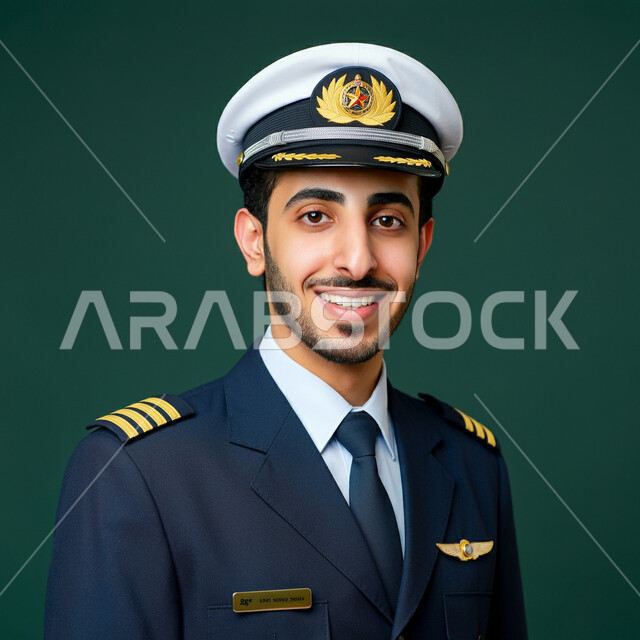 طاقم الاستقبال والترحيب بالركاب، العمل في مجال الطيران، مفهوم السياحة والسفر، رحلات جوية سياحية, خطوط الطيران السعودية, بورتريه مقرب لكابتن طيار عربي سعودي خليجي مبتسم يرتدي الزي الرسمي يقف باستقامة بايماءات السعادة والسرور، خلفية خضراء