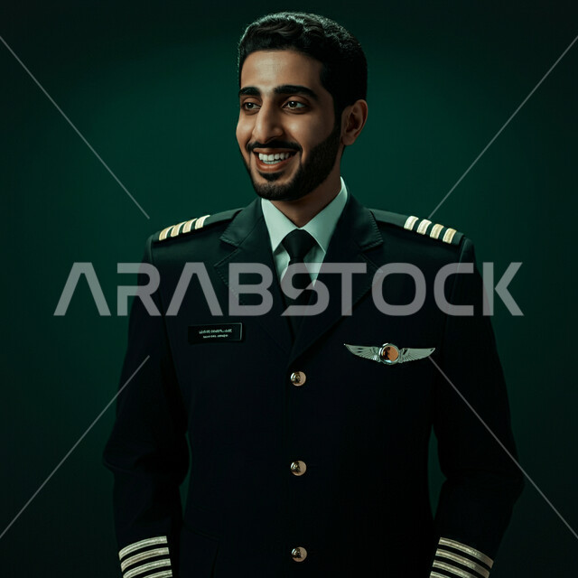طاقم الاستقبال والترحيب بالركاب، العمل في مجال الطيران، مفهوم السياحة والسفر، رحلات جوية سياحية, خطوط الطيران السعودية, بورتريه مقرب لكابتن طيار عربي سعودي خليجي مبتسم يرتدي الزي الرسمي يقف باستقامة بايماءات السعادة والسرور، خلفية خضراء