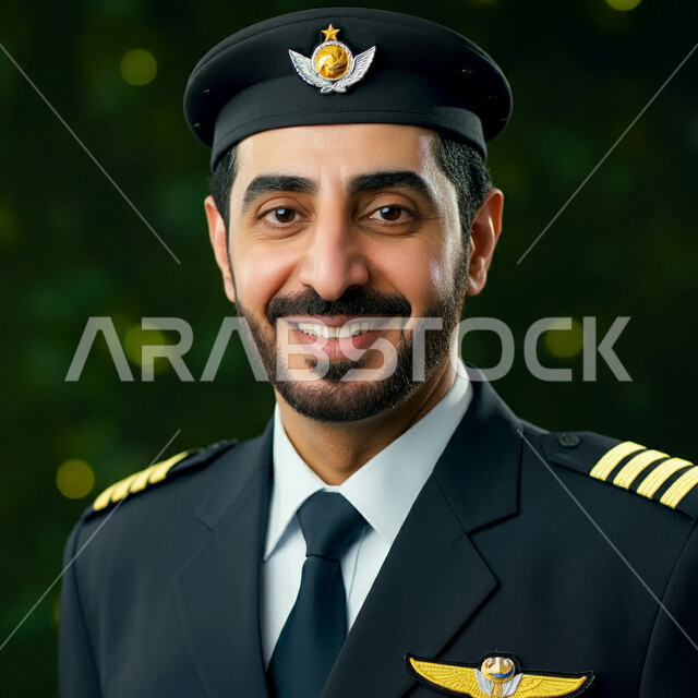 مفهوم السياحة والسفر، طاقم الاستقبال والترحيب بالركاب، العمل في مجال الطيران، رحلات جوية سياحية, خطوط الطيران السعودية, صورة مقربة لكابتن طيار عربي سعودي خليجي مبتسم يرتدي الزي الرسمي يقف باستقامة بايماءات السعادة والسرور
