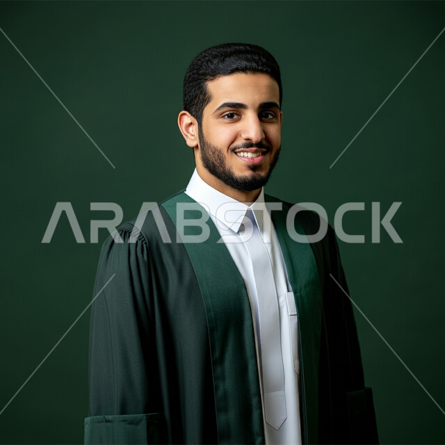 الشعور بالفرح والفخر والثقة بالنفس, مفهوم الاجتهاد والتفوق، الاحتفال بإنهاء الدراسة الجامعية، بورتريه مقرب لطالب عربي سعودي خليجي يرتدي عباءه التخرج ينظر إلى الكاميرا بإيماءات الرضا والسرور, خلفية خضراء
