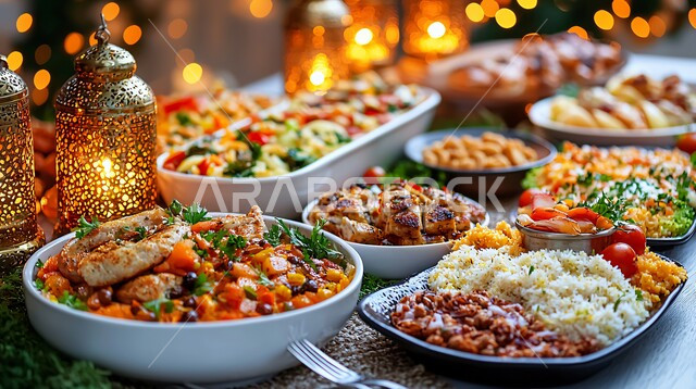 الاحتفال بقدوم شهر رمضان المبارك بالمصابيح المعدنية والفوانيس المضيئة، أصناف الطعام المختلفة والأطباق المميزة على سفرة الإفطار، جودة المنتجات الوطنية المحلية السعودية، ديكورات وتحف رمضانية تقليدية، موائد العزائم والولائم في شهر البركة والخير