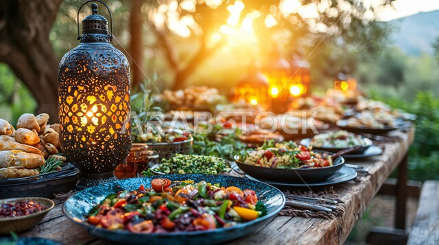 أصناف الطعام المختلفة والأطباق المميزة على سفرة الإفطار، جودة المنتجات الوطنية المحلية السعودية، الاحتفال بقدوم شهر رمضان المبارك بالمصابيح المعدنية والفوانيس المضيئة، ديكورات وتحف رمضانية تقليدية، موائد العزائم والولائم في شهر البركة والخير