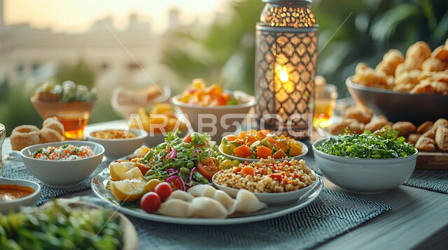 أصناف الطعام المختلفة والأطباق المميزة على سفرة الإفطار، جودة المنتجات الوطنية المحلية السعودية، الاحتفال بقدوم شهر رمضان المبارك بالمصابيح المعدنية والفوانيس المضيئة، ديكورات وتحف رمضانية تقليدية، موائد العزائم والولائم في شهر البركة والخير
