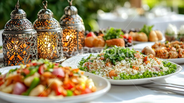 أصناف الطعام المختلفة والأطباق المميزة على سفرة الإفطار، جودة المنتجات الوطنية المحلية السعودية، الاحتفال بقدوم شهر رمضان المبارك بالمصابيح المعدنية والفوانيس المضيئة، ديكورات وتحف رمضانية تقليدية، موائد العزائم والولائم في شهر البركة والخير