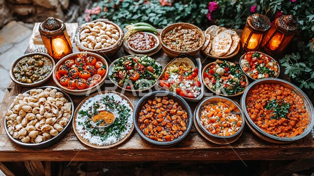 أصناف الطعام المختلفة والأطباق المميزة على سفرة الإفطار، جودة المنتجات الوطنية المحلية السعودية، الاحتفال بقدوم شهر رمضان المبارك بالمصابيح المعدنية والفوانيس المضيئة، ديكورات وتحف رمضانية تقليدية، موائد العزائم والولائم في شهر البركة والخير