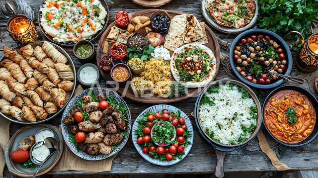 أصناف الطعام المختلفة والأطباق المميزة على سفرة الإفطار، جودة المنتجات الوطنية المحلية السعودية، الاحتفال بقدوم شهر رمضان المبارك بالمصابيح المعدنية والفوانيس المضيئة، ديكورات وتحف رمضانية تقليدية، موائد العزائم والولائم في شهر البركة والخير